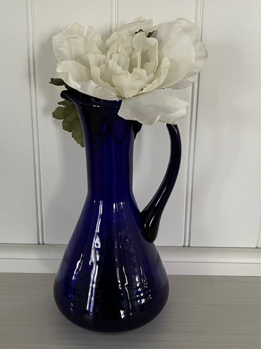 Vintage Hand Blown Blue Glass Carafe Pitcher Applied Handle - Cobalt Blue 1960s–1970s