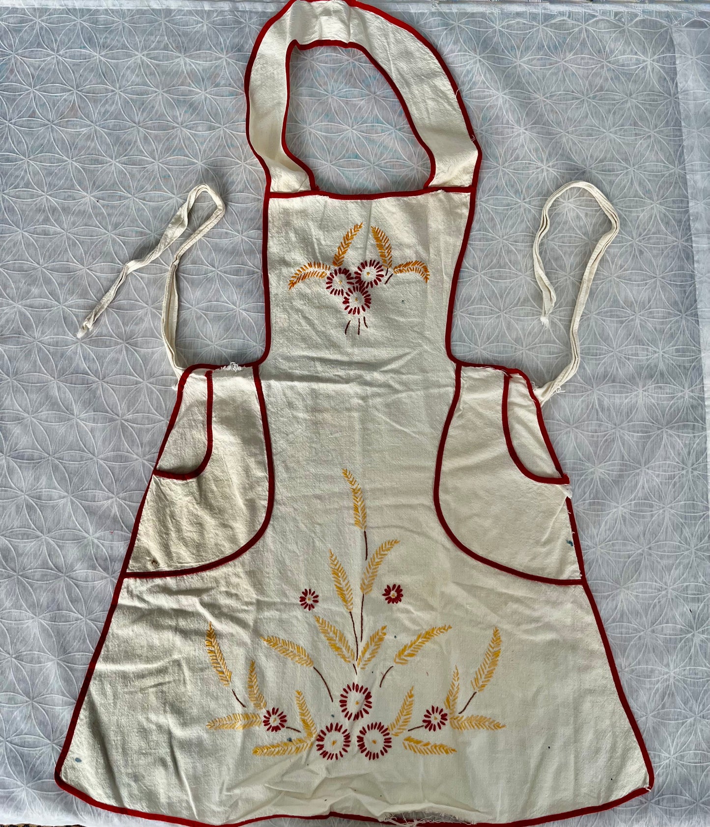 Vintage C 1950’s Hand-Embroidered Farmhouse Kitchen Apron with Red Trim & Wheat Floral Motif | Mid-Century Cottage Cooking Apron