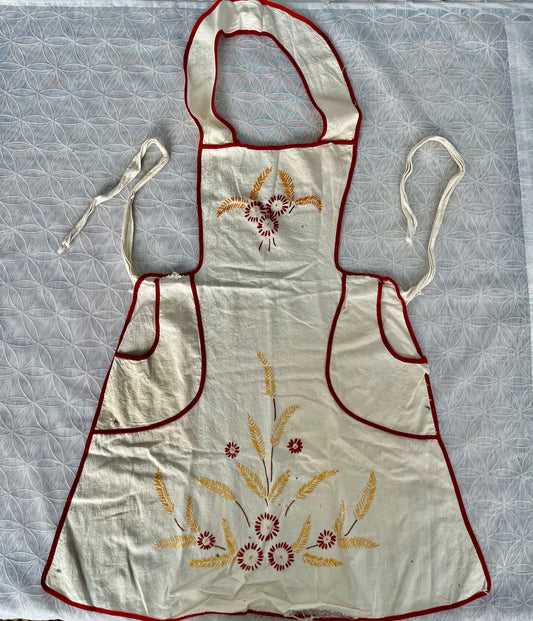 Vintage C 1950’s Hand-Embroidered Farmhouse Kitchen Apron with Red Trim & Wheat Floral Motif | Mid-Century Cottage Cooking Apron