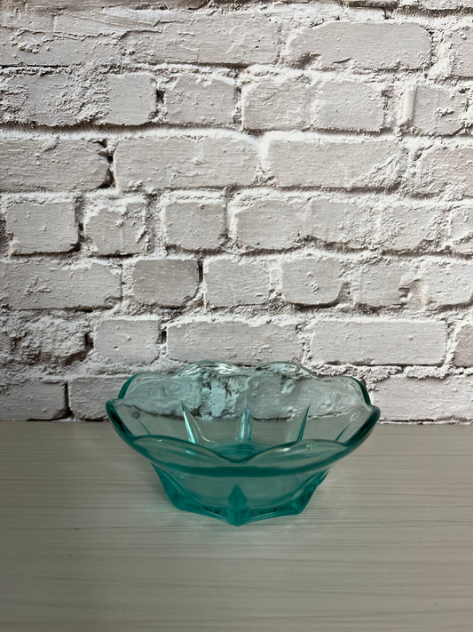 Vintage 1960s Anchor Hocking Swedish Capri Blue Green Small Scalloped Glass Bowl