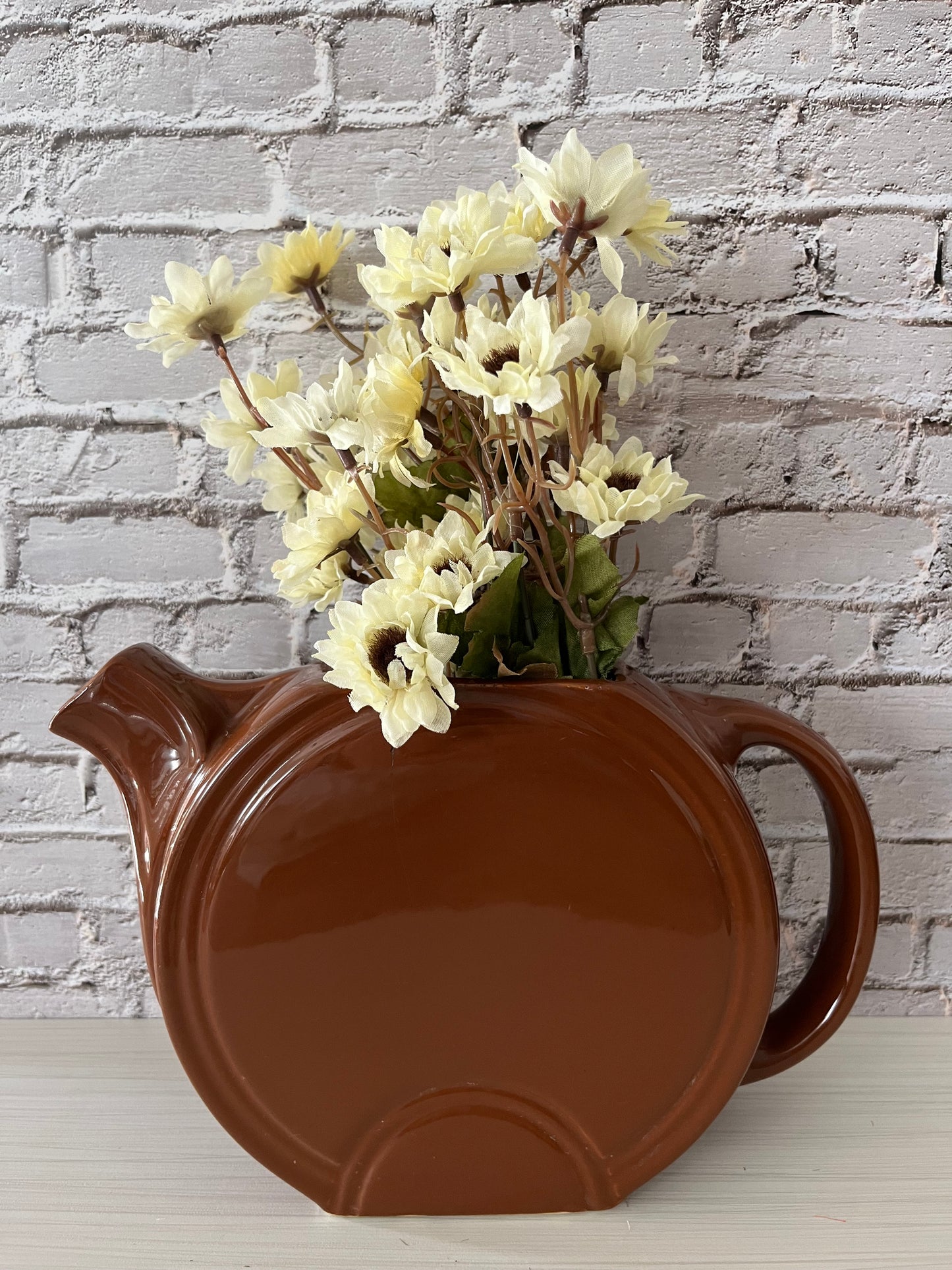 Hall 628 Pottery Art Deco Disk Pitcher - Dark Brown Glaze, MCM Tilted Round Disk, Circa 1930s-1950s