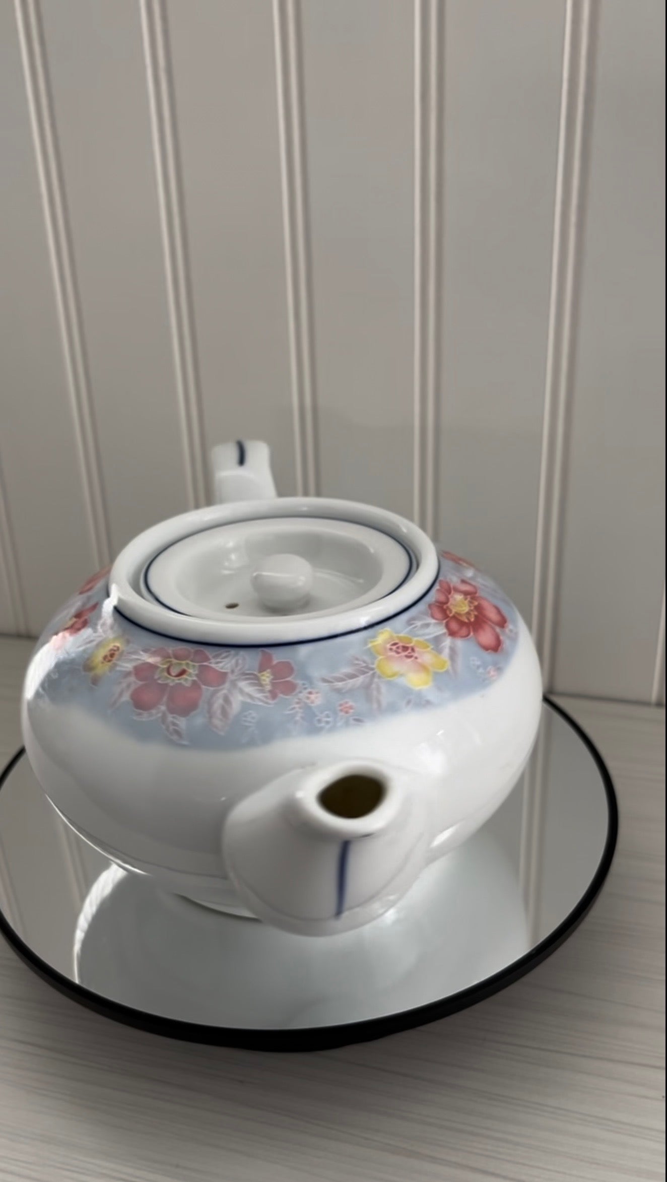 Vintage  L. Long TAO Pink, Yellow, Blue Floral Print Porcelain Tea Pot with Flat Lid