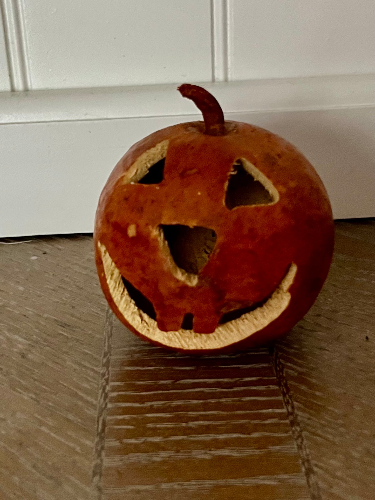 Small Hand-Carved Dried Gourd Jack-O’-Lantern | Artisan Folk Art Halloween Pumpkin | Candy Corn Manor