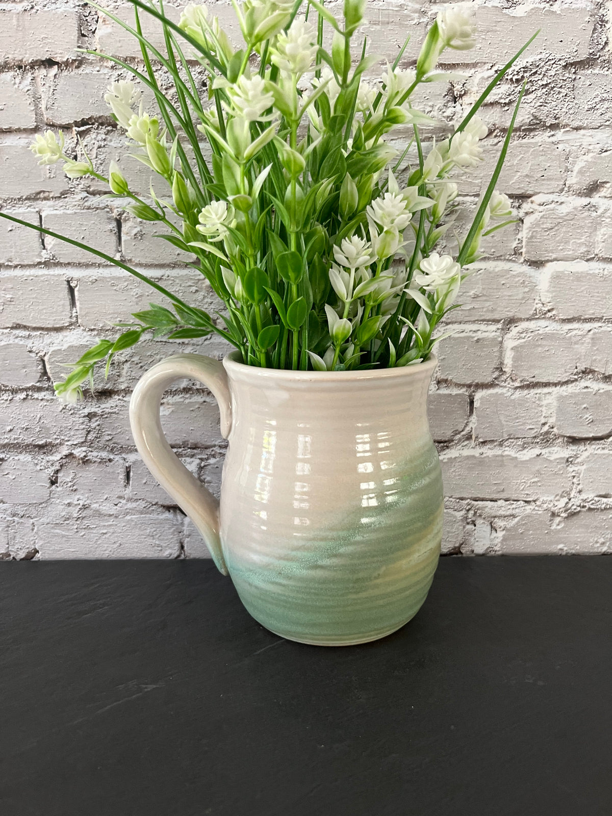 Vintage Style Oh Susie Paw Paw Pottery Green & Cream Glazed Stoneware Handled Vase XL Crock Mug– 5”