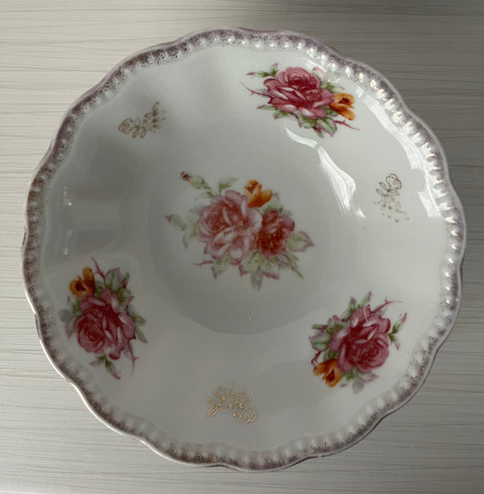 Vintage 1950s–1960s Japanese Porcelain Rose Bowl – 8” Scalloped Floral Serving Dish with Gold Accents