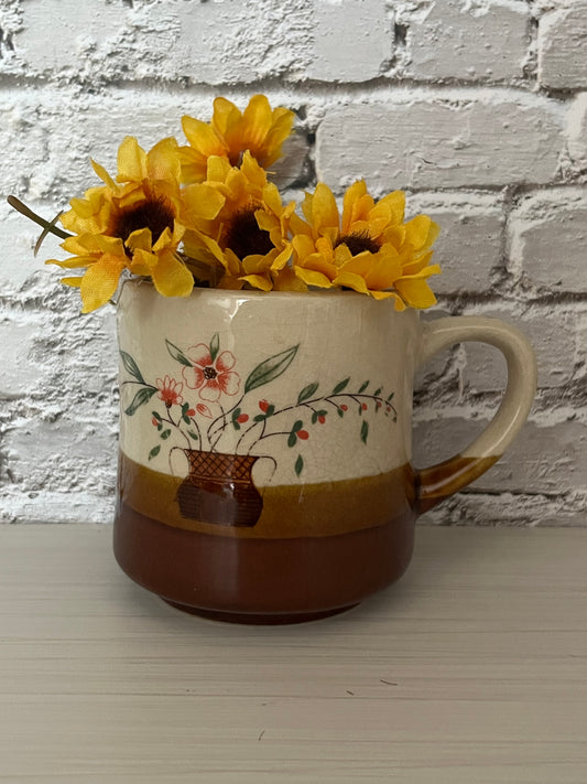 Vintage 1970s Countryside Brown Stoneware Floral Crock Mug – Hand-Painted Flowers in Basket