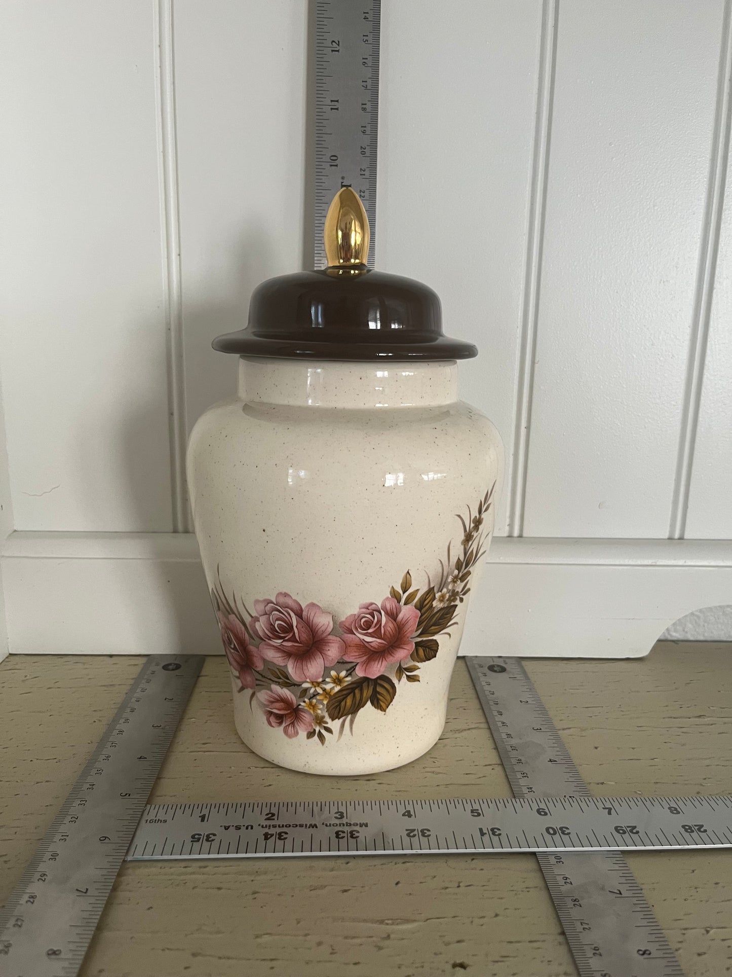Vintage Floral Ginger Jar with Brown Lid & Gold Finial (Late 1980s–Early 1990s) | Romantic Regency Cottage Accent