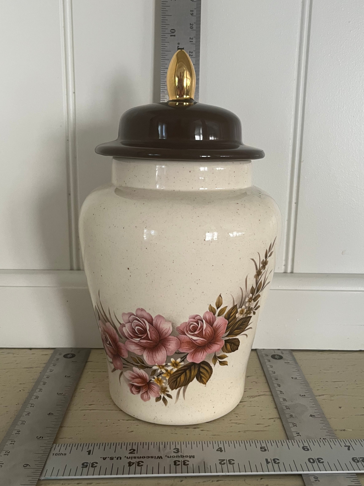 Vintage Floral Ginger Jar with Brown Lid & Gold Finial (Late 1980s–Early 1990s) | Romantic Regency Cottage Accent