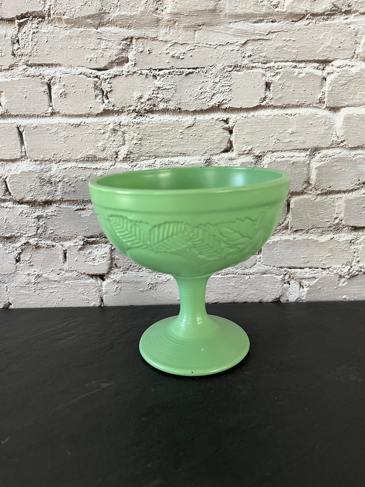 Vintage Painted Celadon Green Glass Cristal D’Arques–Durand Footed Compote | Embossed Fruit & Leaf Pedestal Bowl
