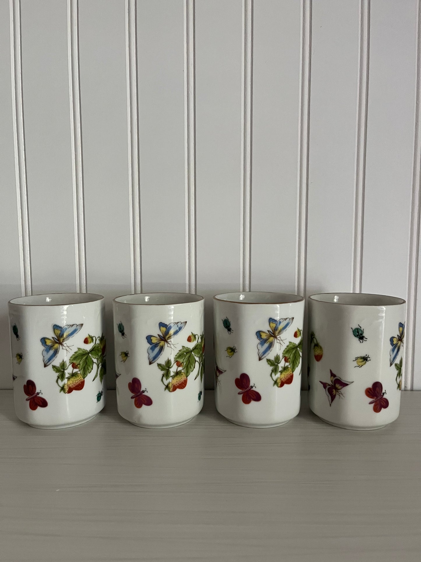 Set of 4  Lenwile Ardalt 1970’s Porcelain “Spring Time" 6271 mugs, Strawberries, Butterflies & Ladybugs