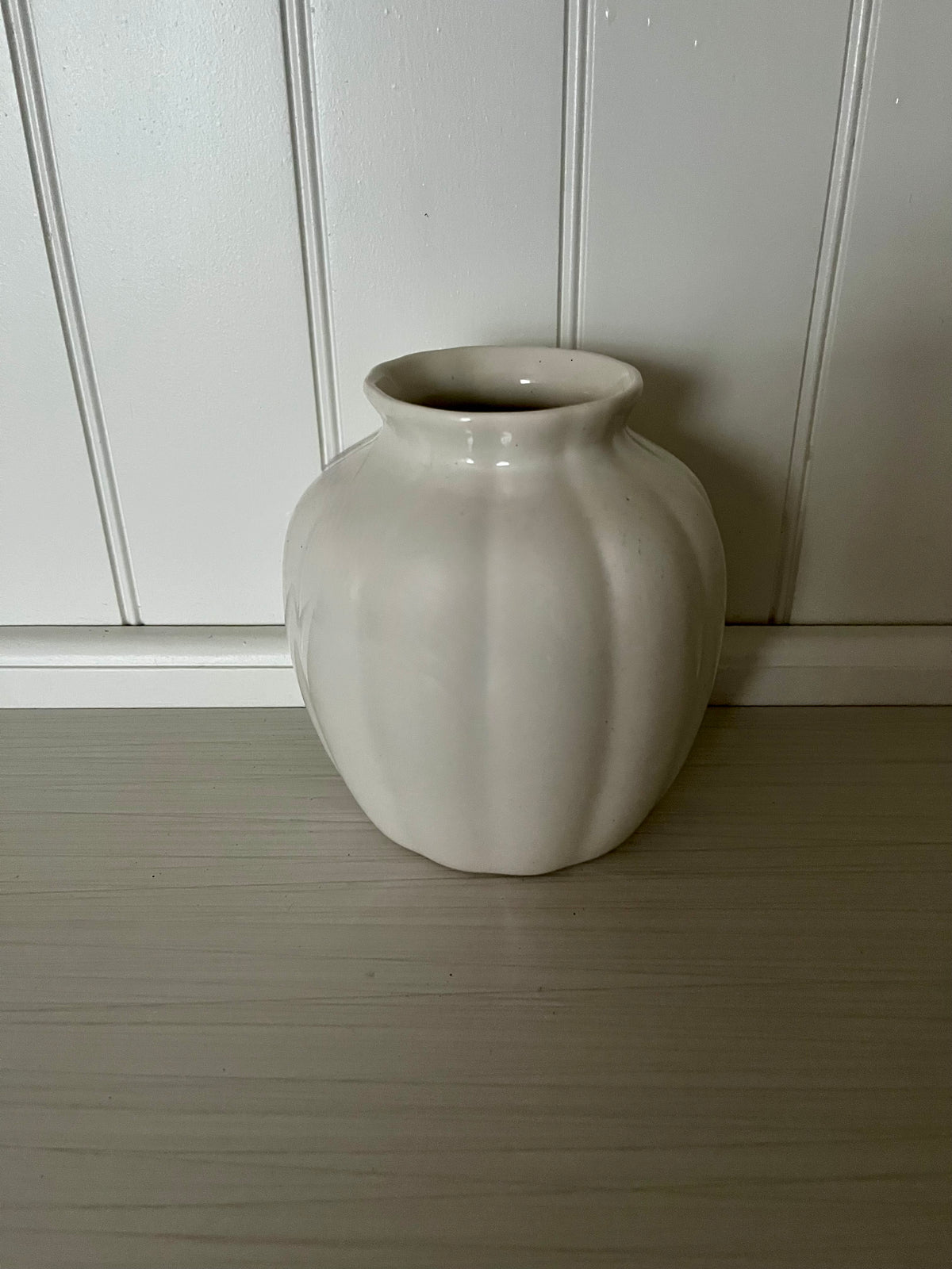 Vintage circa 1990’s  Ivory White Fluted Ceramic Vase | Rounded Cottage Pottery Vase