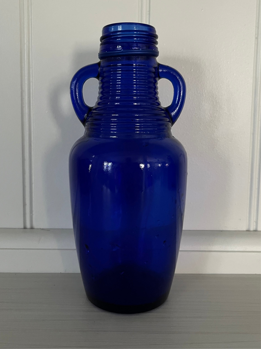Vintage 1970s Cobalt Blue Glass Amphora Jar with Handles – Decorative Bottle Vase