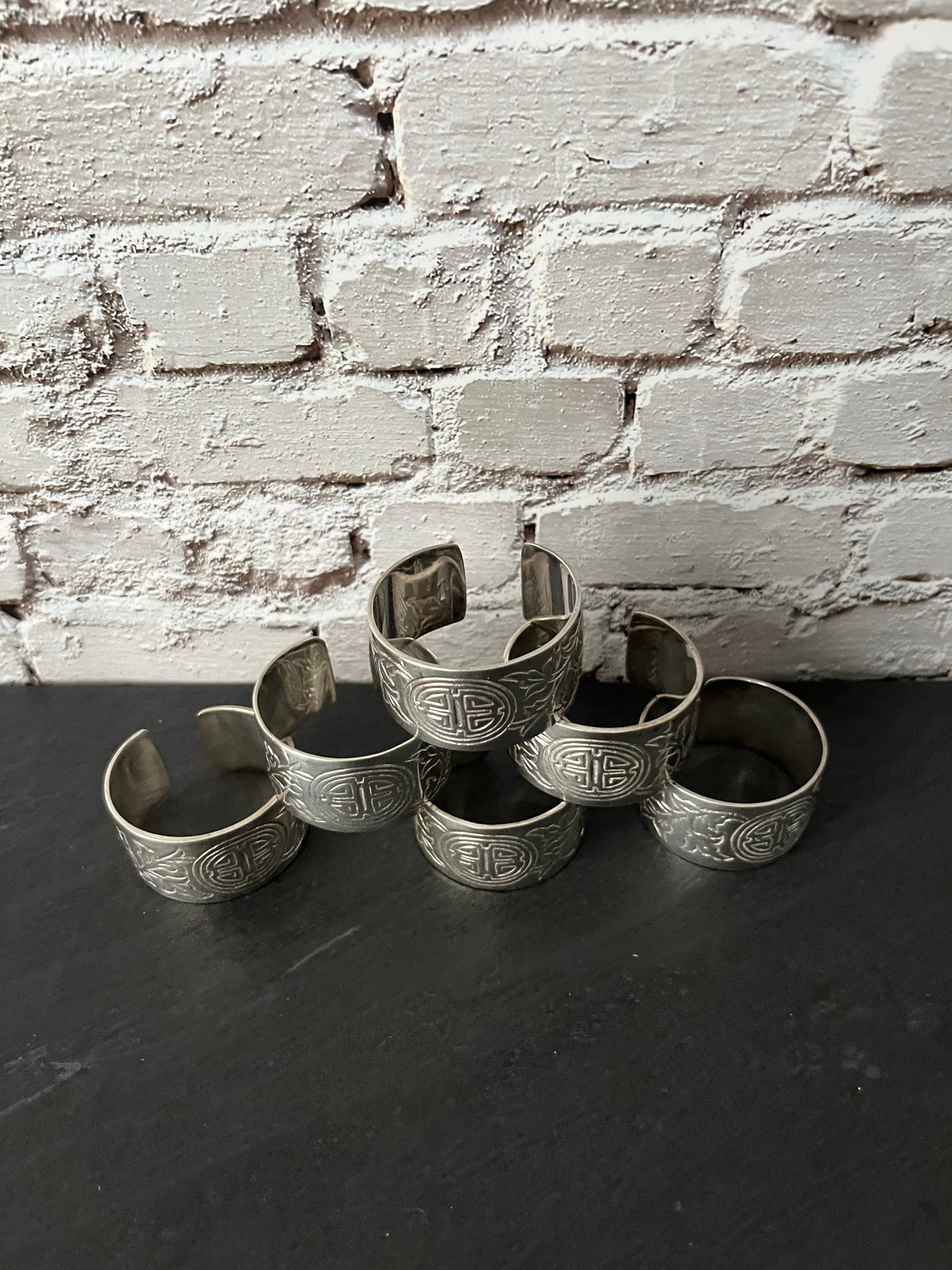 Vintage 1980s Silver-Tone Longevity Symbol Napkin Ring Cuffs – Set of 6 Hollywood Regency Revival Table Accents