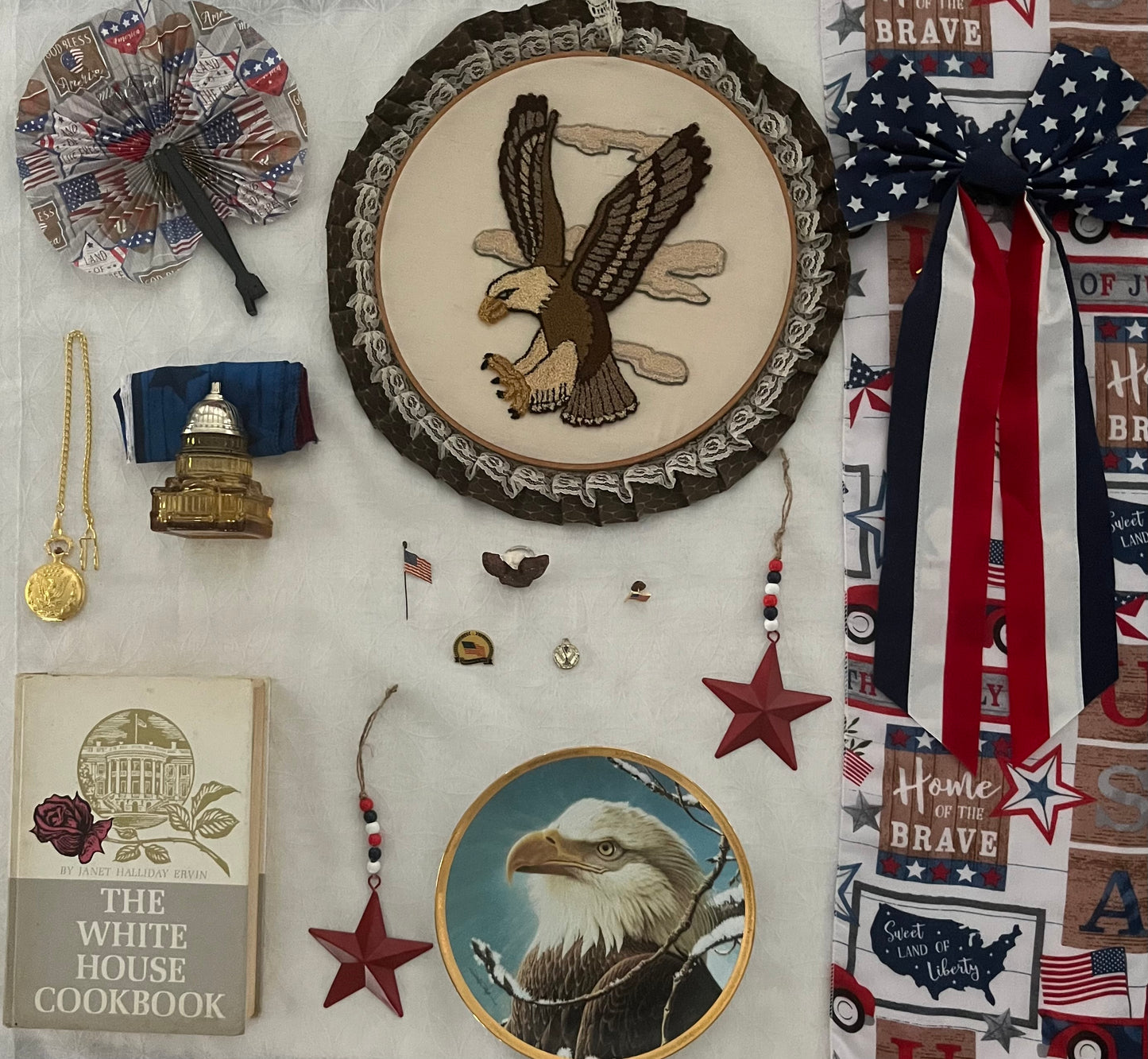 1970’s Handmade Wall Hanging Eagle Round Punch Needle Embroidery in Fabric & Lace Trimmed Hoop