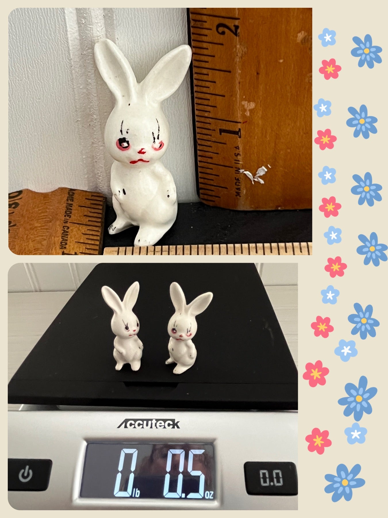 1950s Miniature Creepy Kitsch Porcelain Bunny Rabbits Set of 2 -