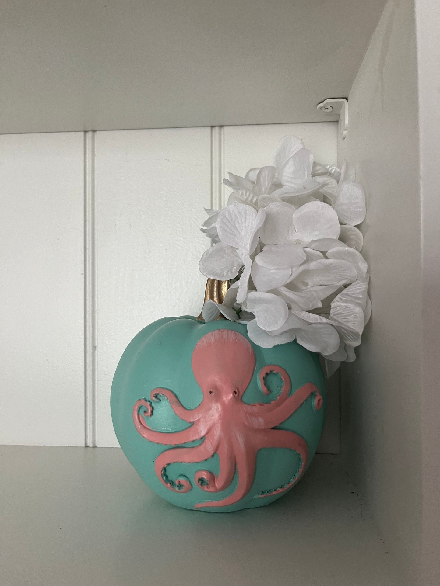 Hand-Painted Coastal Octopus Pumpkin | Aqua & Pink Nautical Decor (2010s)