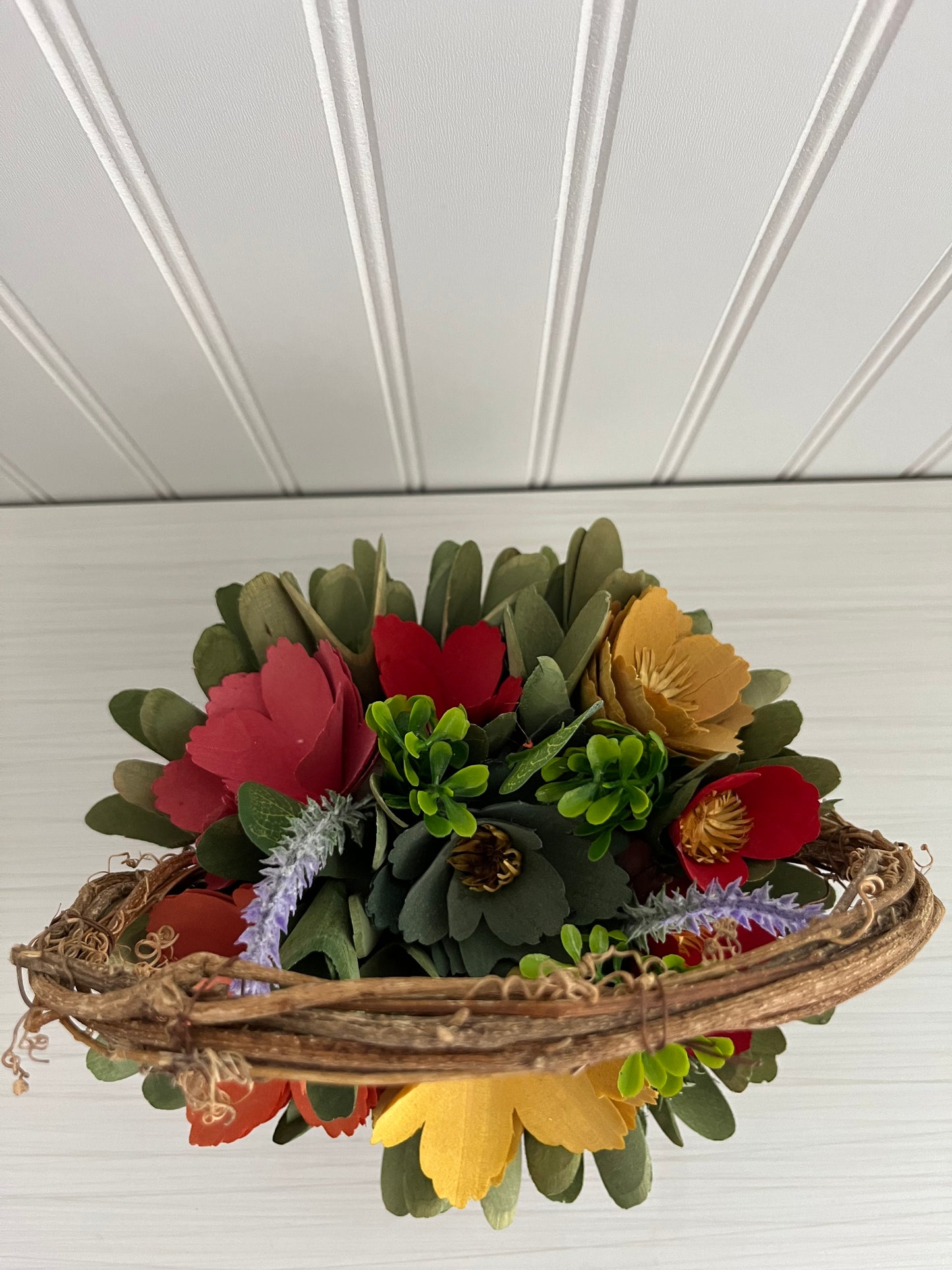 Modern Handcrafted Multicolor Flower Arrangement With Natural Wood Elements in Rustic Woven Basket - 9” Tall