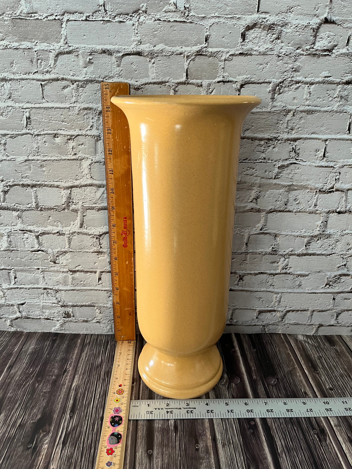 1960’s Bronislaw Wolanin 15” Apricot Yellow Cylinder Vase with Scalloped Pedestal Base – Exclusive Boleslawiec Pottery Design