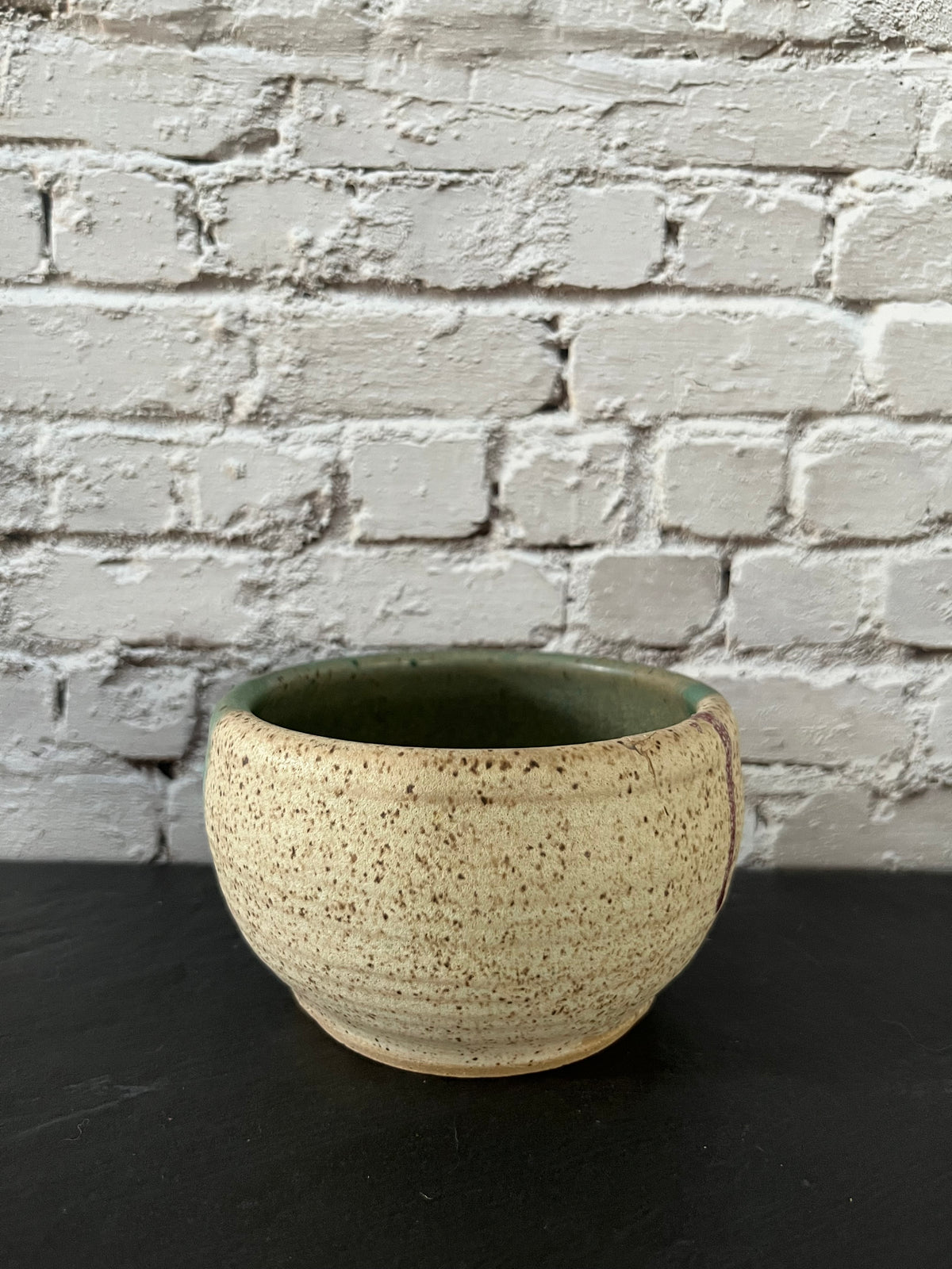 Vintage c1970s Signed Studio Pottery Bowl, Vessel | Green & Speckled Cream Handmade Ceramic