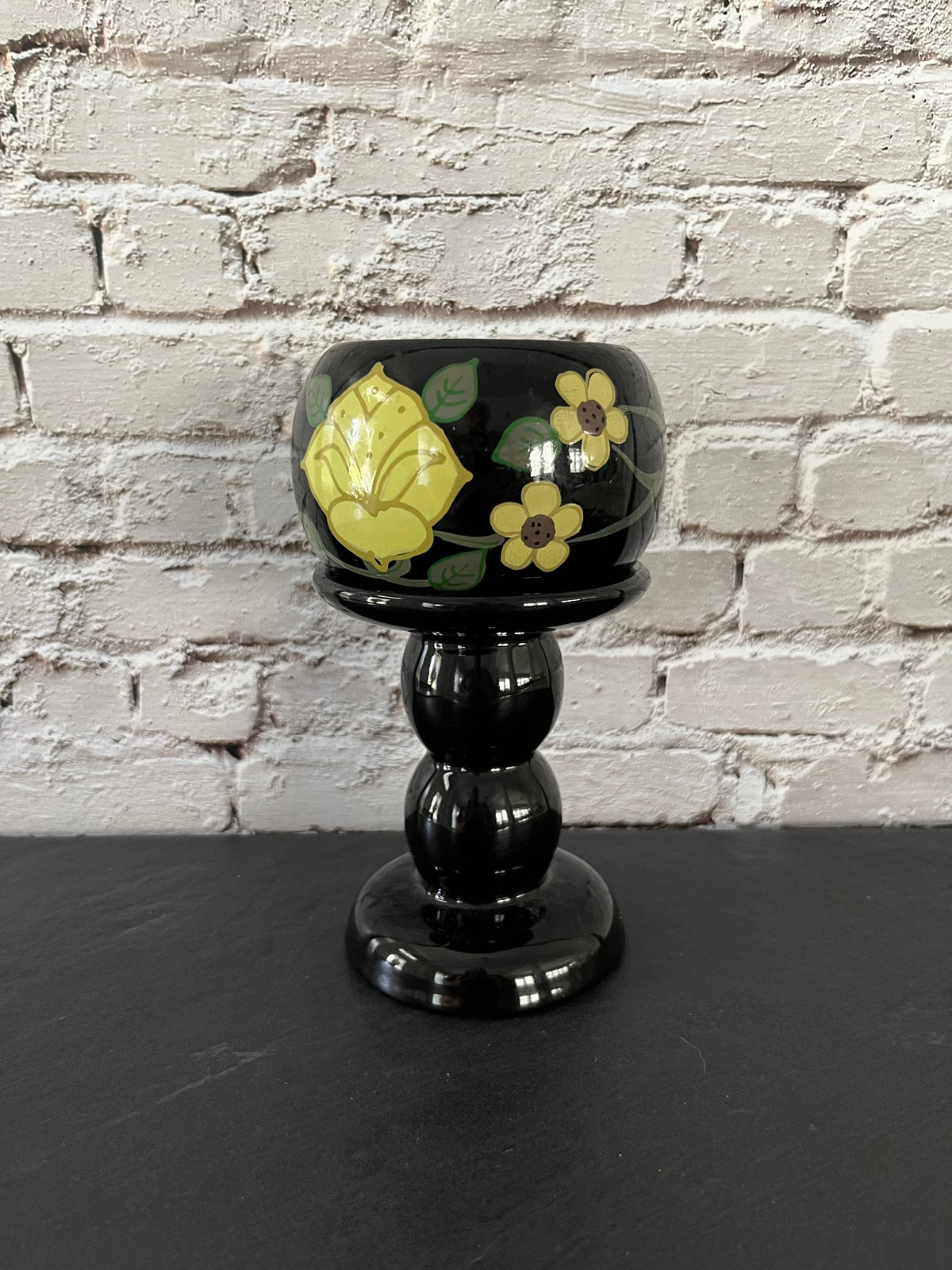 Vintage 1970s Boho Folk Art Hand-Painted Chunky Wooden Bangle Bracelet – Black & Yellow Floral Cuff – 2” small slip-on opening