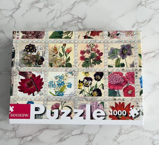 Seesaw “Flower Stamp Collection” 1000-Piece Botanical Jigsaw Puzzle – 2010s Contemporary Cottage-Core Floral Collage