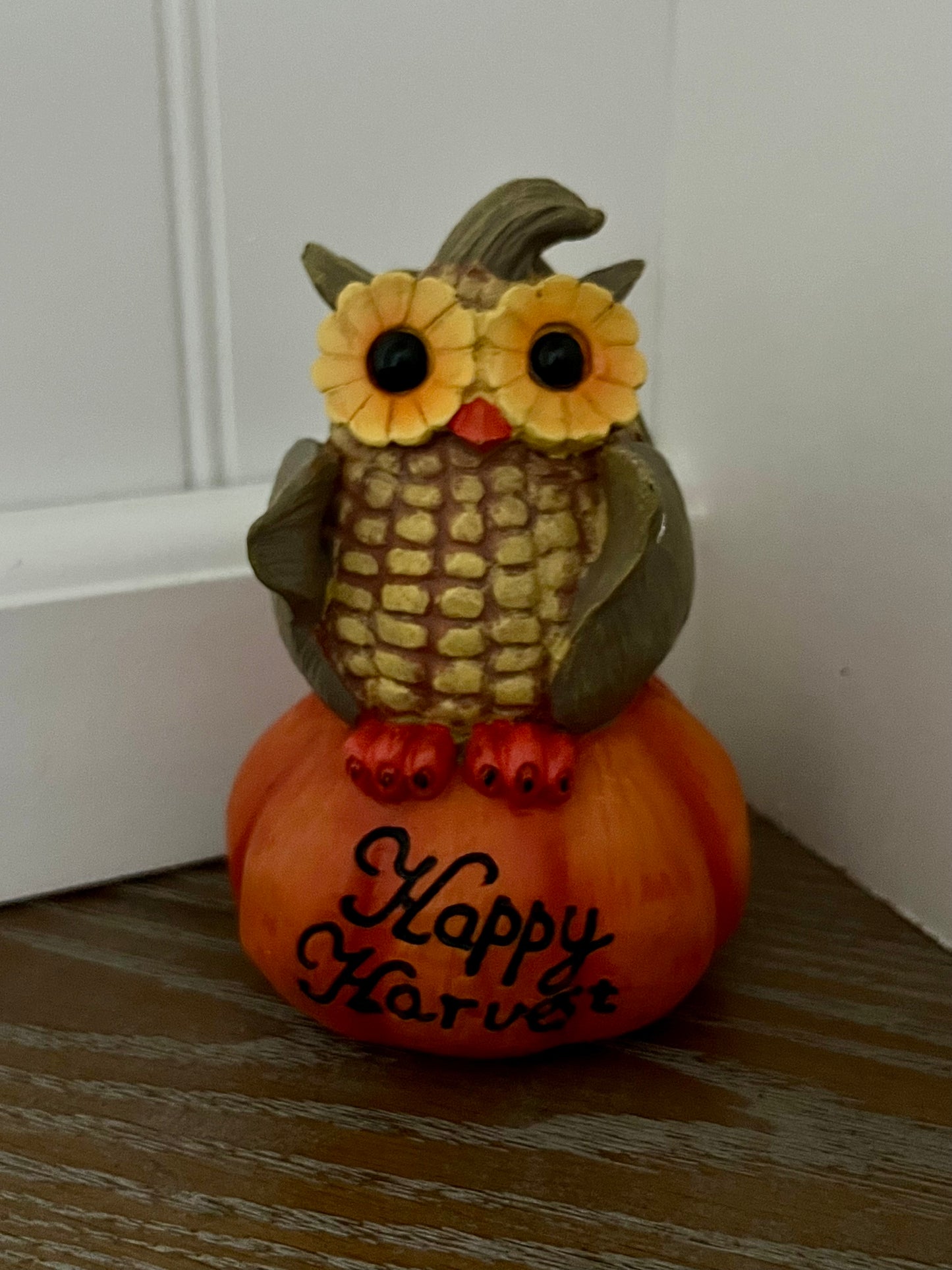 “Happy Harvest” Owl Figurine on Pumpkin – Autumn Corn & Sunflower Design (c. 1990s–2000s)