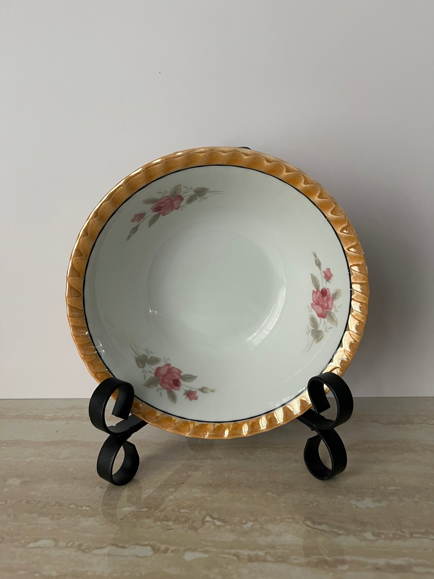 Vintage 1950s Japanese Porcelain Dessert Bowls with Pink Rose Sprays & Amber Scalloped Rim – Set of 2 Floral Cottage China Bowls