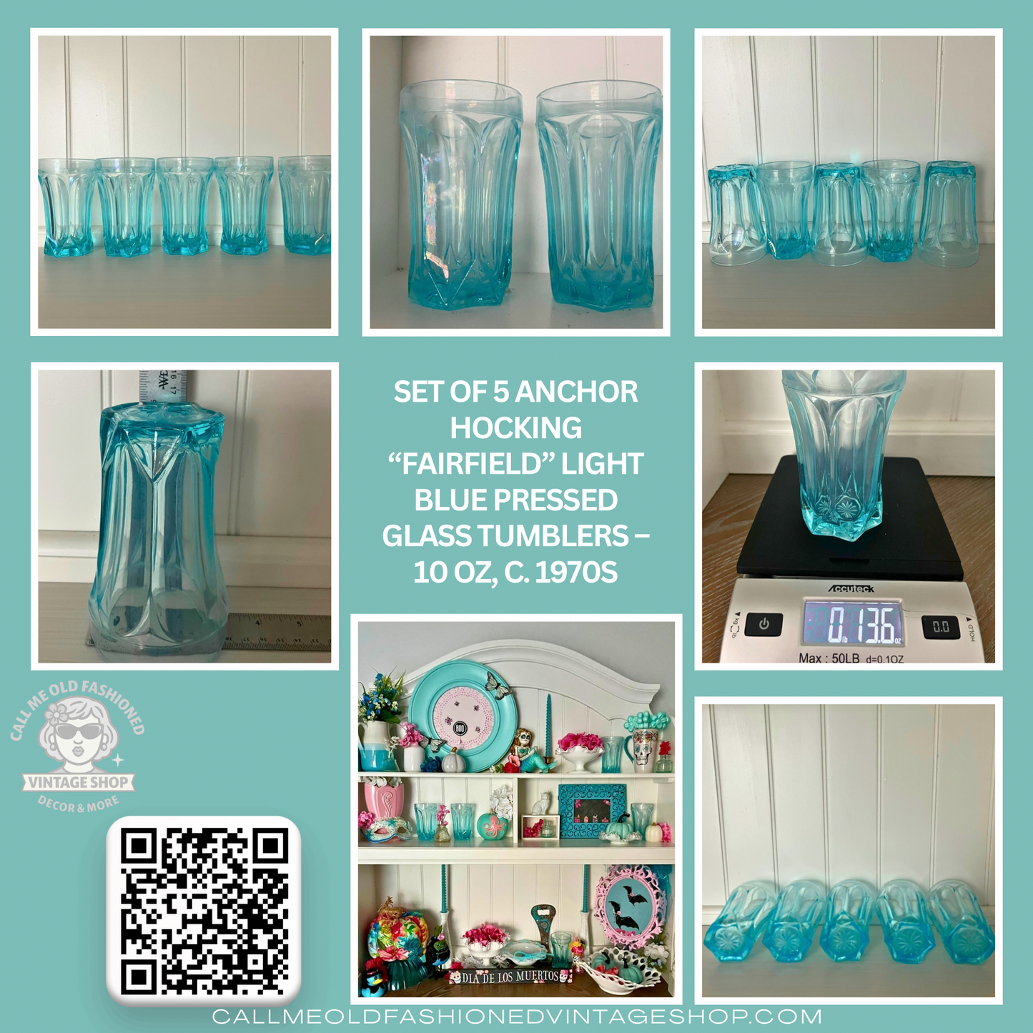 Set of 5 Anchor Hocking “Fairfield” Light Blue Pressed Glass Tumblers – 10 oz, c. 1970s