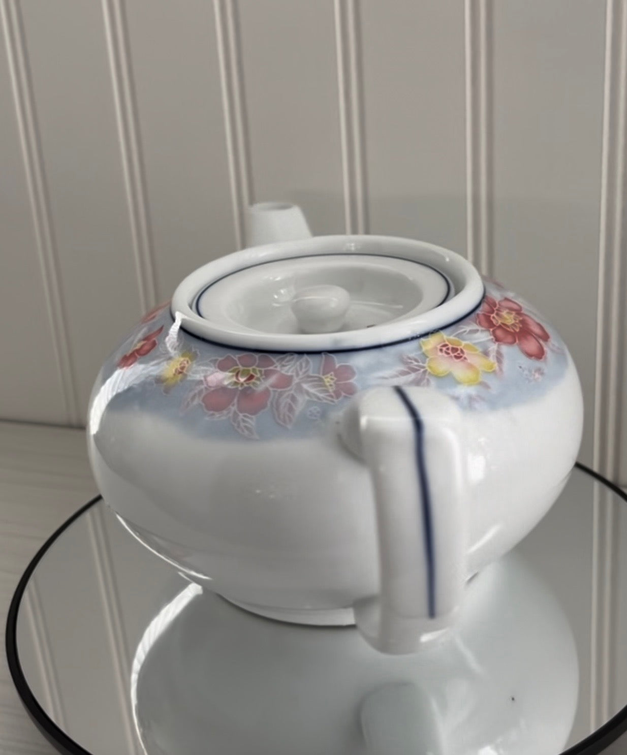Vintage  L. Long TAO Pink, Yellow, Blue Floral Print Porcelain Tea Pot with Flat Lid