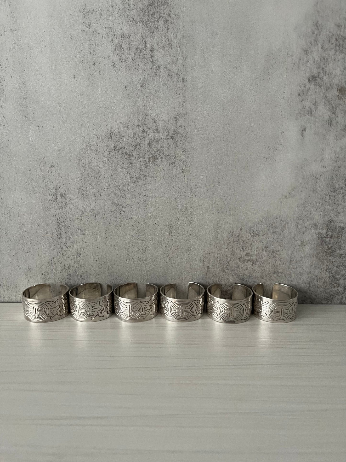 Vintage 1980s Silver-Tone Longevity Symbol Napkin Ring Cuffs – Set of 6 Hollywood Regency Revival Table Accents