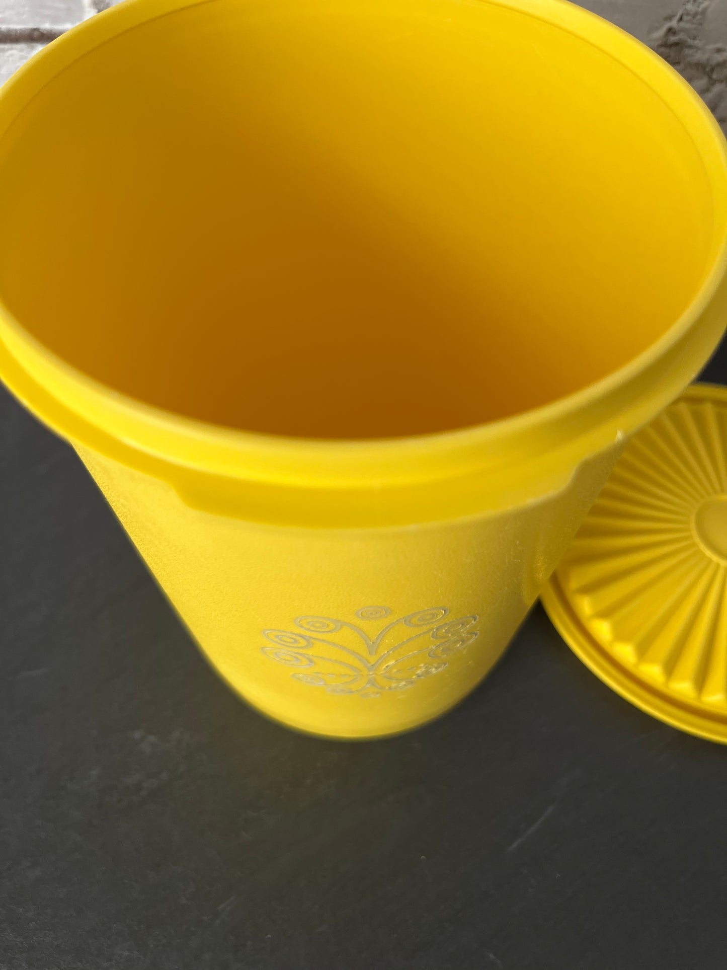Vintage Tupperware Yellow Canister w/ Lid, Floral Scroll Design, Retro Kitchen Storage Container 1970s