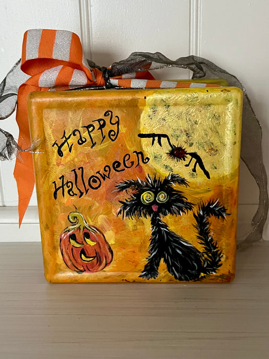 Hand-Painted “Happy Halloween” Glass Block Décor with Cat, Moon & Pumpkin | Contemporary Folk Art Holiday Accent | c. 2000s