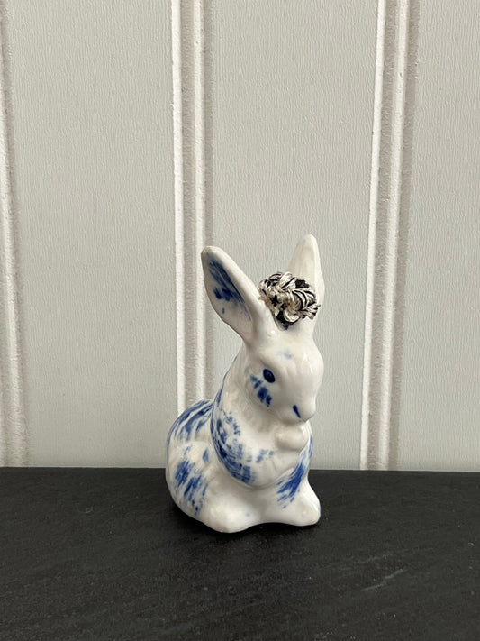Vintage Adorable Miniature Ceramic Blue and White Bunny Rabbit with Silver Crown