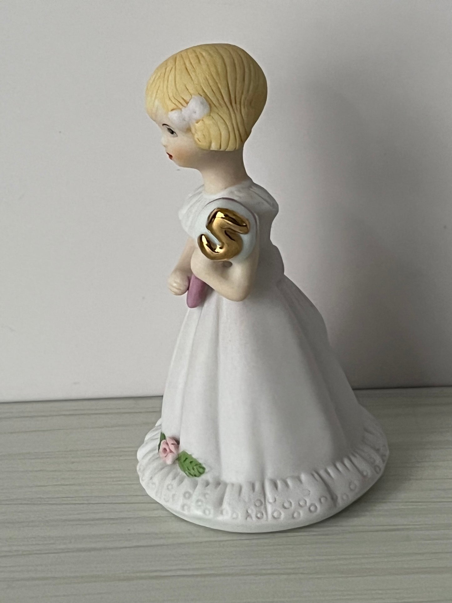 Vintage 1980s Enesco “Growing Up Girls” 5th Birthday Blonde Figurine – Porcelain Girl with Gold Number 5