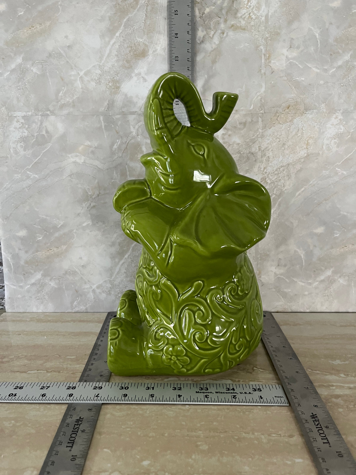 Large Lucky Trunk Green Ceramic Elephant Figurine – Floral Scrollwork Trunk-Up Décor – 11”