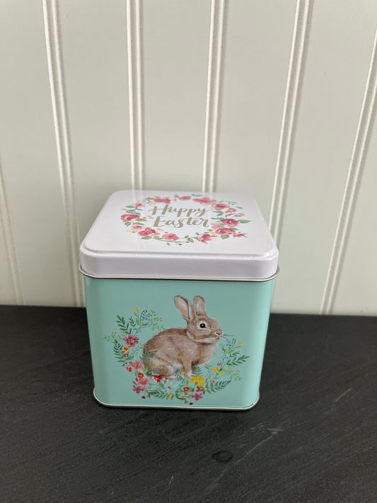 Brown Bunny Rabbit with Spring Flowers Mint Green 4” Sq Tin with Lid