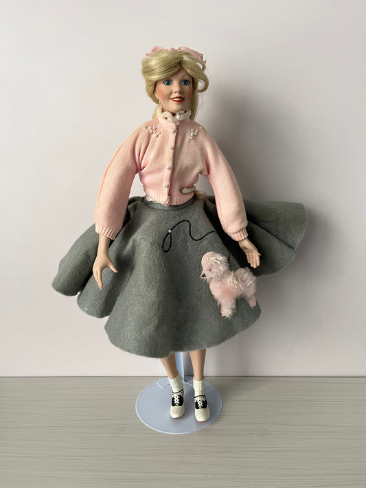 Vintage 1991 “Peggy Sue” Porcelain Collector Doll by Edwin M. Knowles – 16” Tall with Poodle Skirt & Pink Cardigan