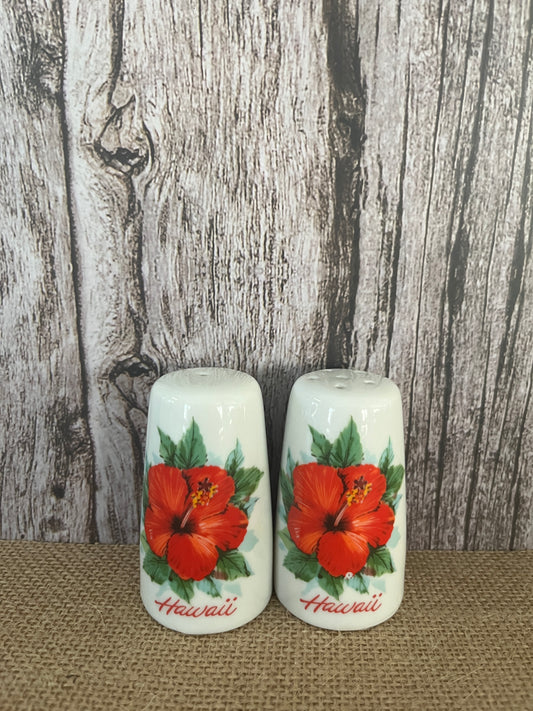 Vintage 1970’s Hawaiian Bright Hibiscus Flower Salt & Pepper Shaker Set
