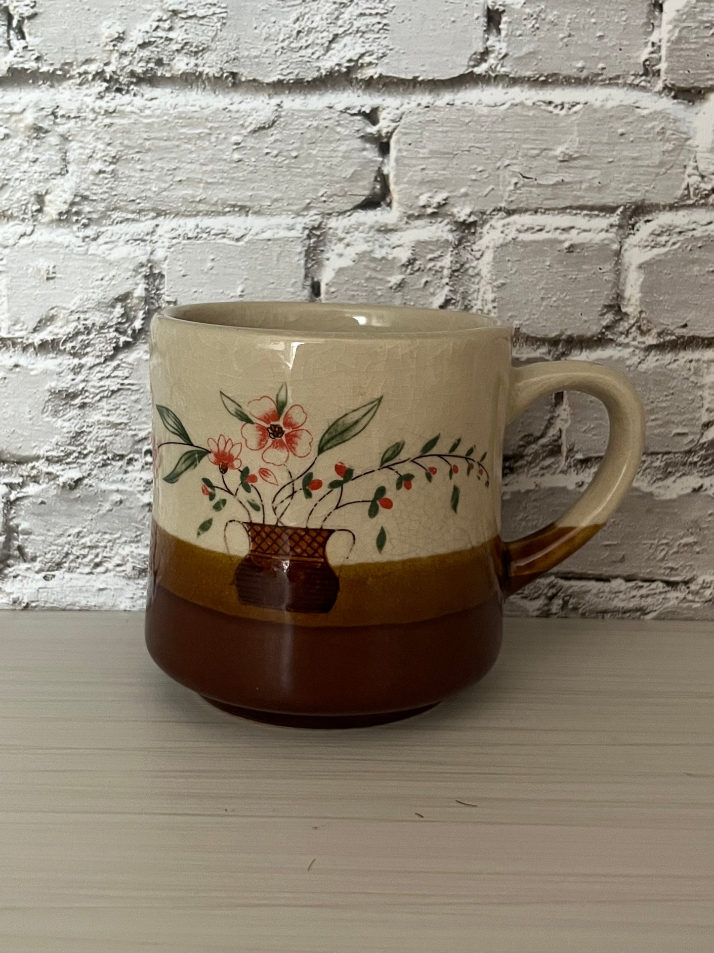Vintage 1970s Countryside Brown Stoneware Floral Crock Mug – Hand-Painted Flowers in Basket