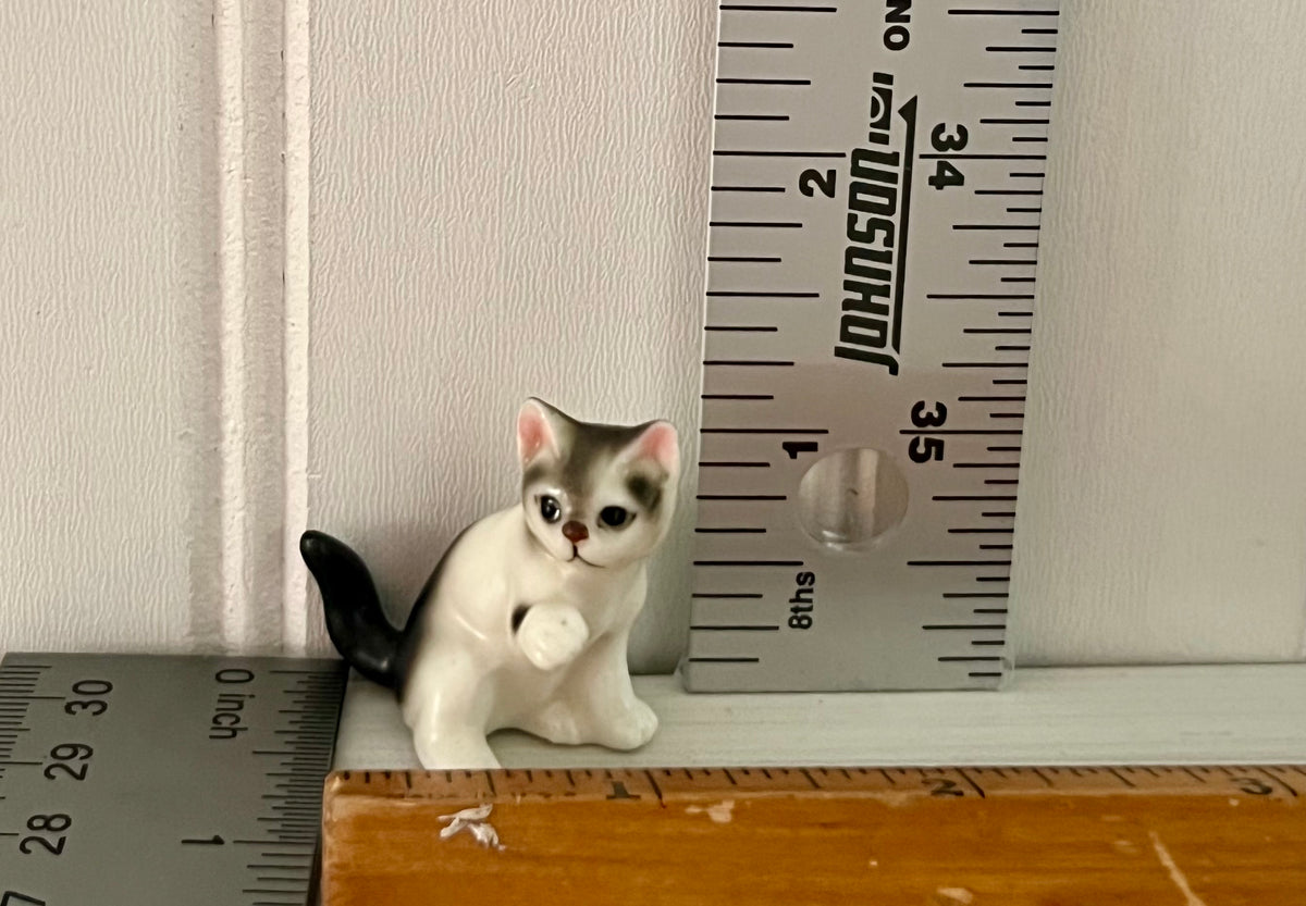Vintage  c1960’s Kitsch Miniature Gray Black & White Kitten Figurines — Mid-Century Porcelain Cat Pair