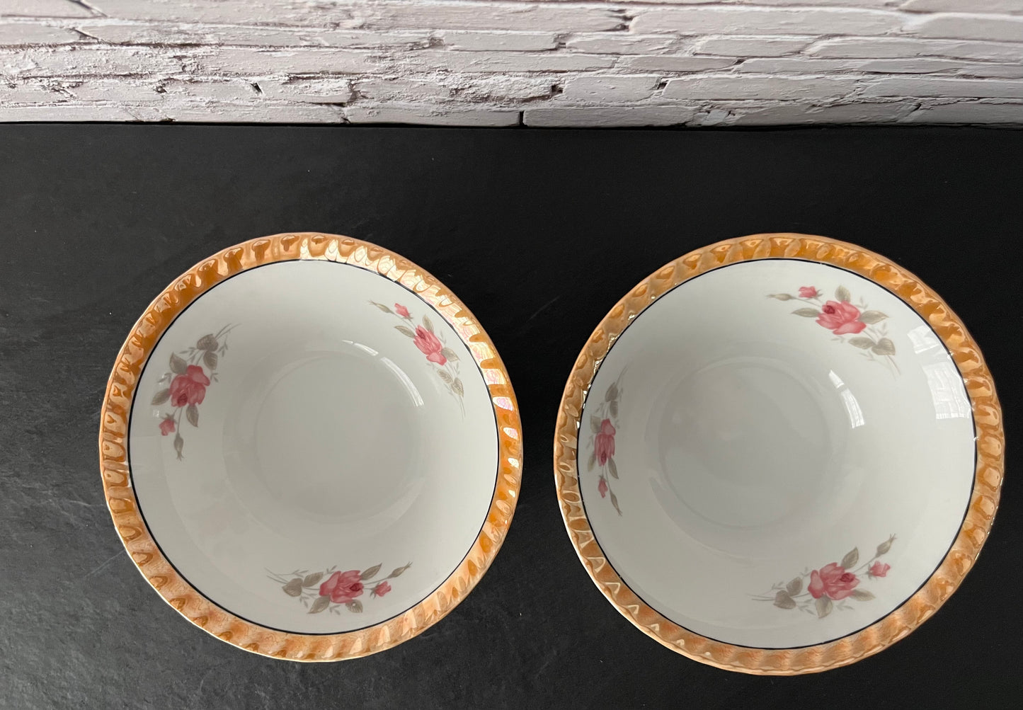 Vintage 1950s Japanese Porcelain Dessert Bowls with Pink Rose Sprays & Amber Scalloped Rim – Set of 2 Floral Cottage China Bowls