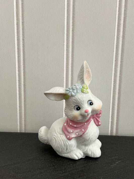 Vintage Small Ceramic White Bunny Rabbit Figurine with Pink Bandanna Scarf and Blue Pastel Flowers
