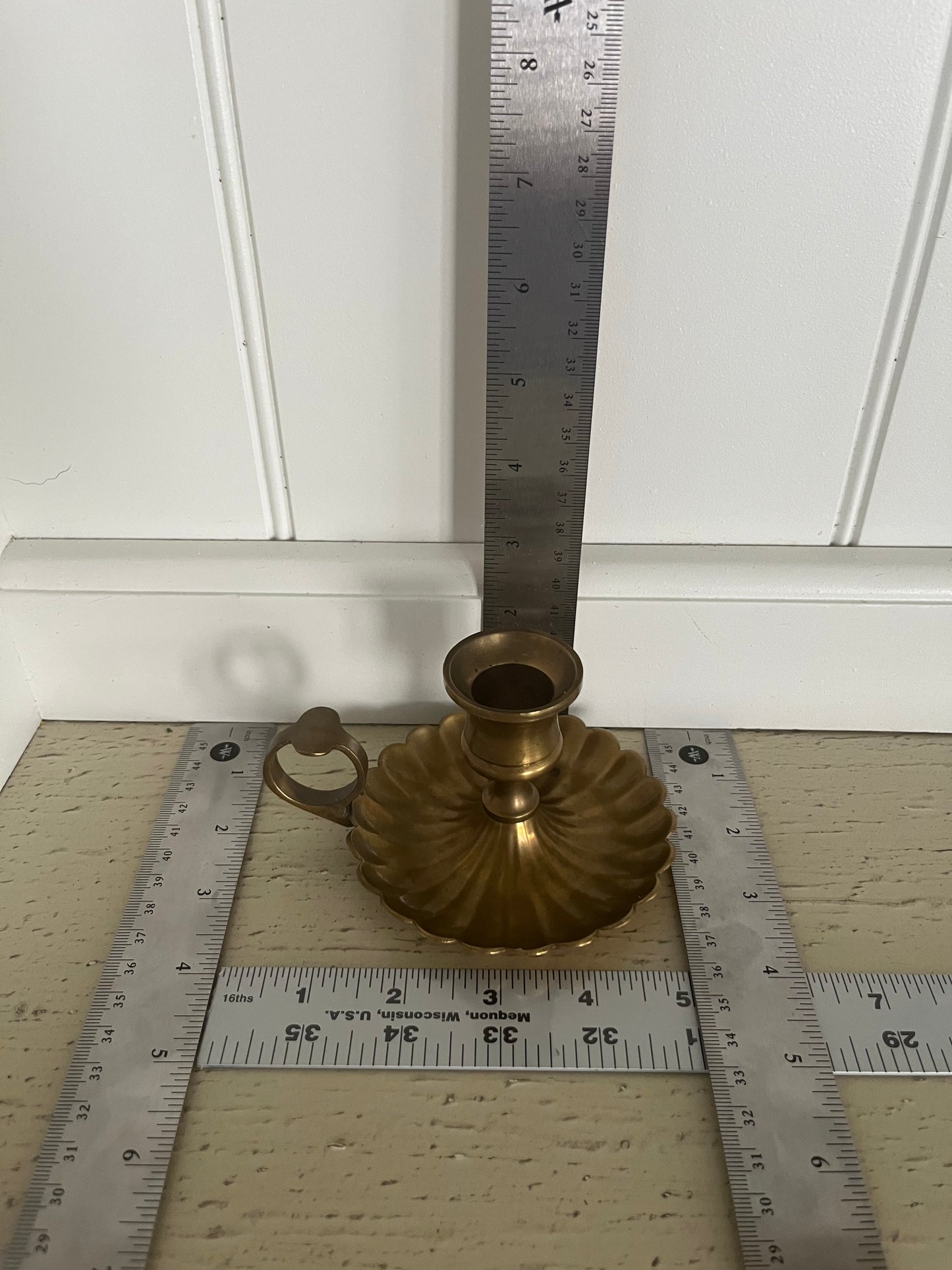 Mid-century Brass Chamberstick Candle Holder with Scalloped Shell Shape Drip Tray & Finger Loop, Regency revival style