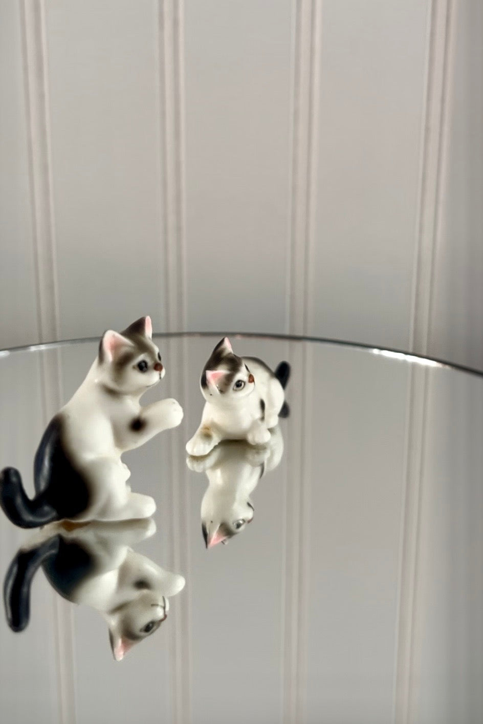 Vintage  c1960’s Kitsch Miniature Gray Black & White Kitten Figurines — Mid-Century Porcelain Cat Pair