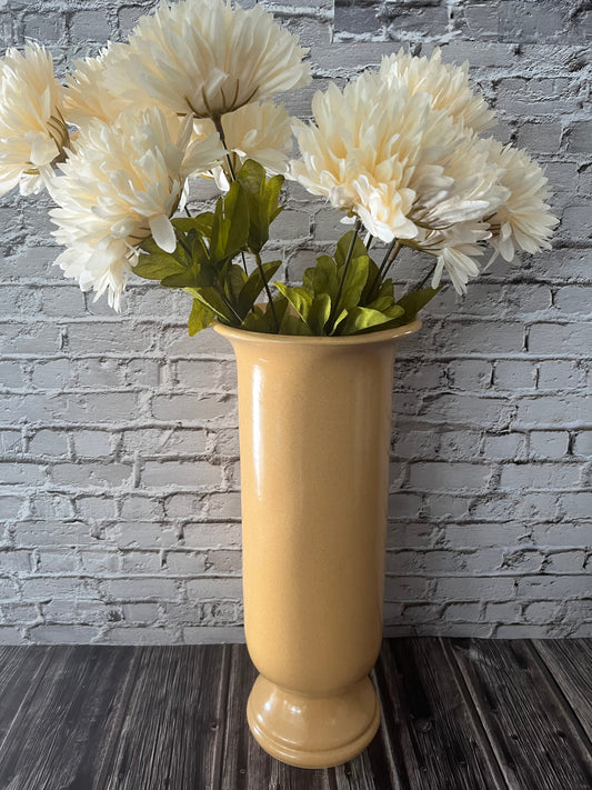 1960’s Bronislaw Wolanin 15” Apricot Yellow Cylinder Vase with Scalloped Pedestal Base – Exclusive Boleslawiec Pottery Design