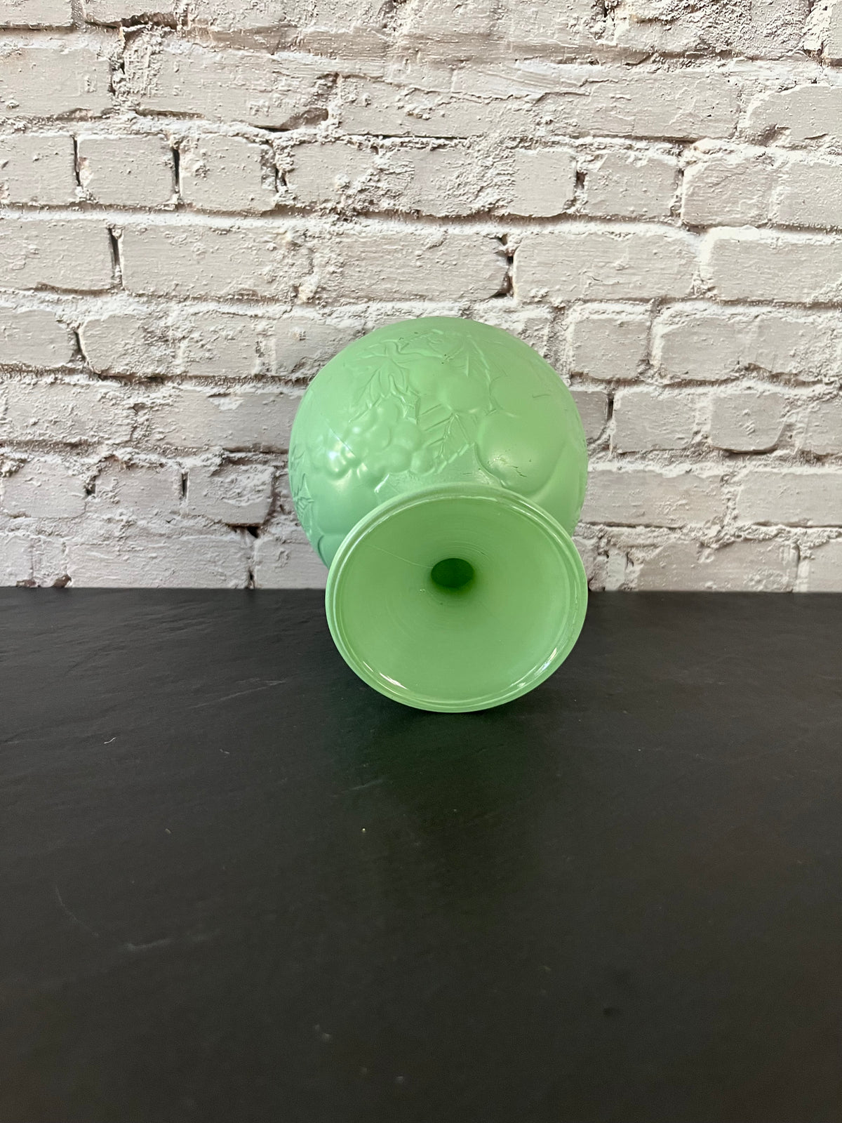 Vintage Painted Celadon Green Glass Cristal D’Arques–Durand Footed Compote | Embossed Fruit & Leaf Pedestal Bowl