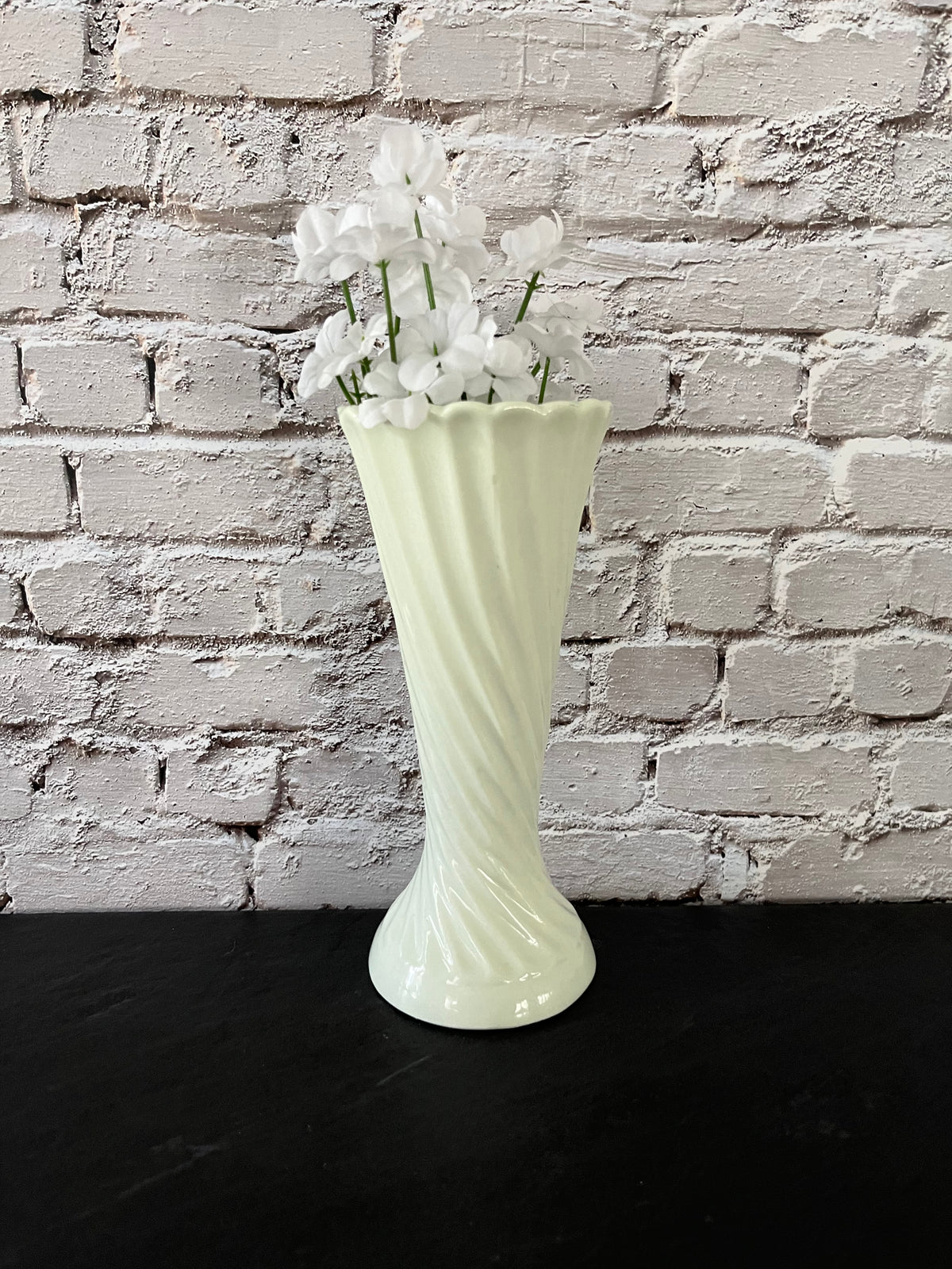 Vintage C. 1990’s * Pale celadon / soft spring  Green Spiral Ceramic Vase – Scalloped Rim Floral Bud Vase – 7”