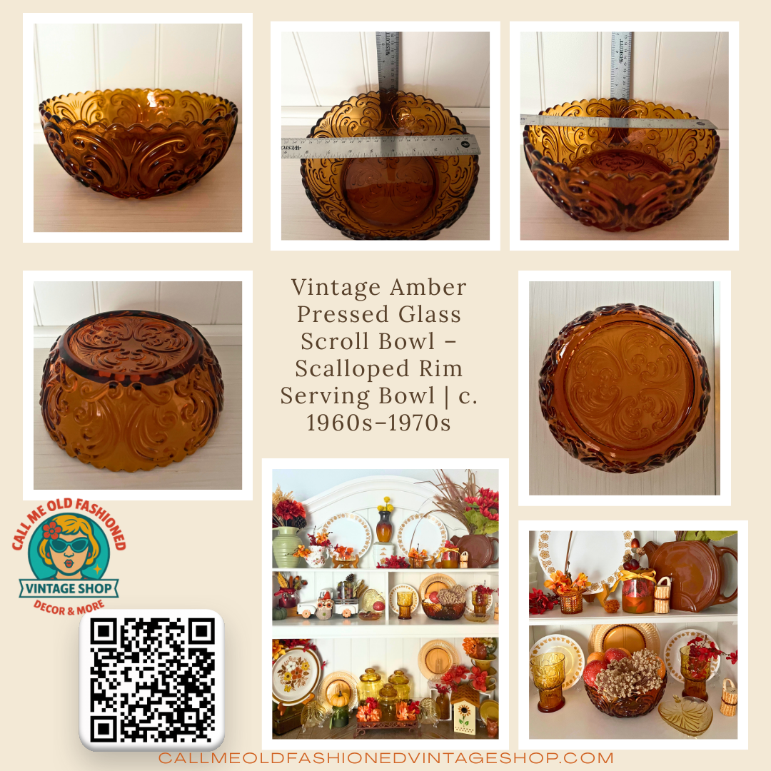 Vintage Amber Pressed Glass Scroll Bowl – Scalloped Rim Serving Bowl | c. 1960s–1970s