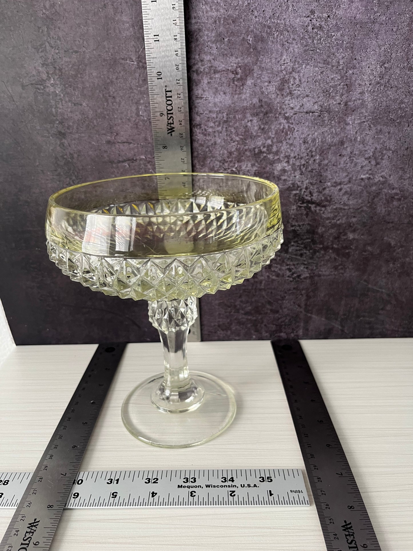 Vintage Indiana Glass Diamond Pattern Pedestal Compote Bowl – Yellow Tint Pressed Glass Dessert Dish (1960s–1970s)