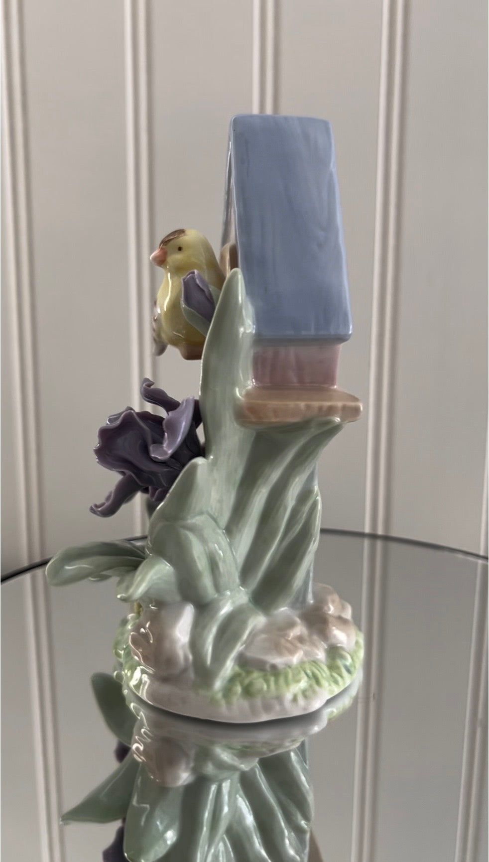 Vintage c.1990s Porcelain  Birdhouse & Iris Figurine | Cottagecore Spring Garden Decor